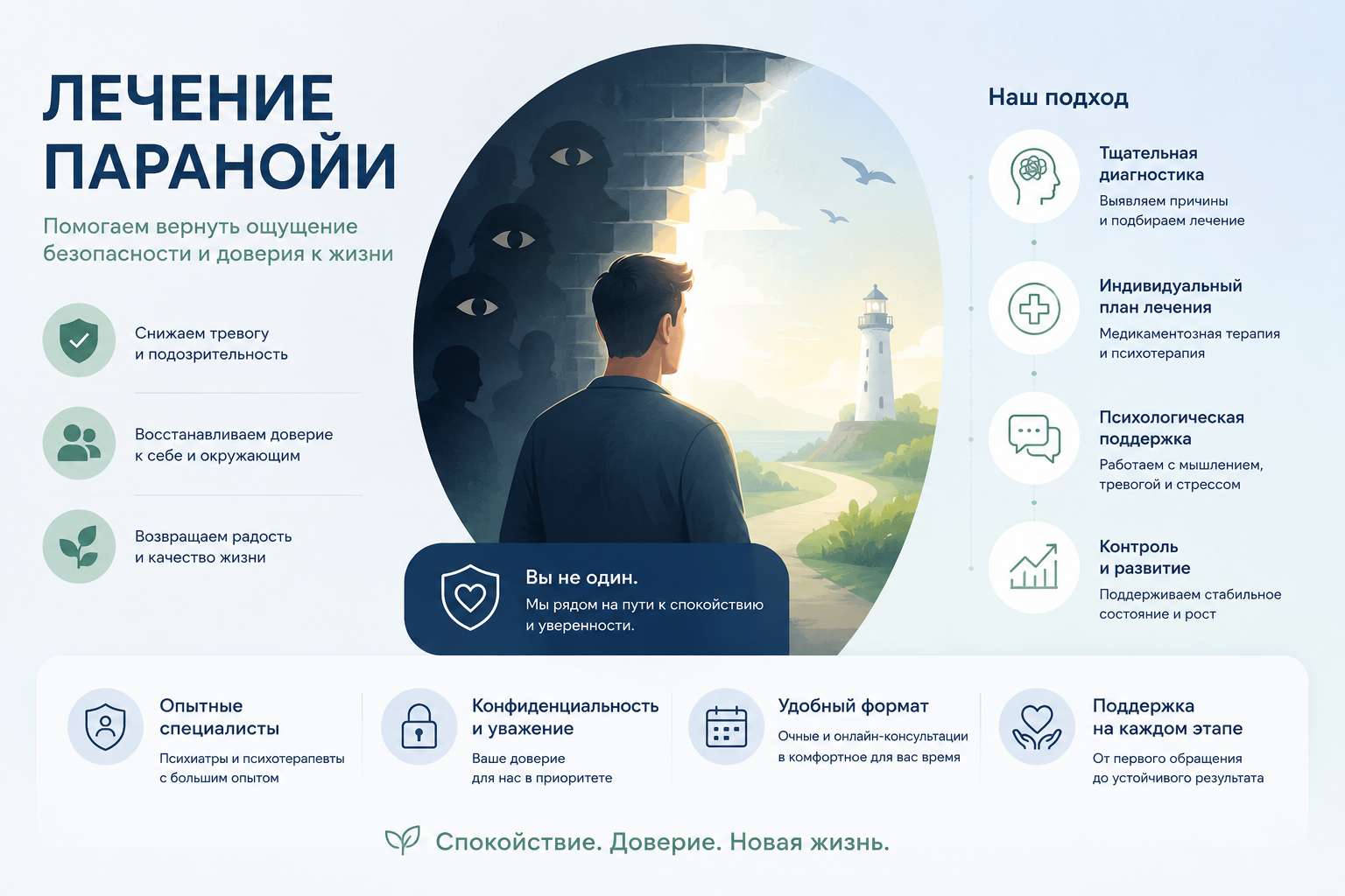 Инфографика «Лечение паранойи»: мужчина у стены с глазами смотрит на маяк, этапы и подход к лечению паранойи.